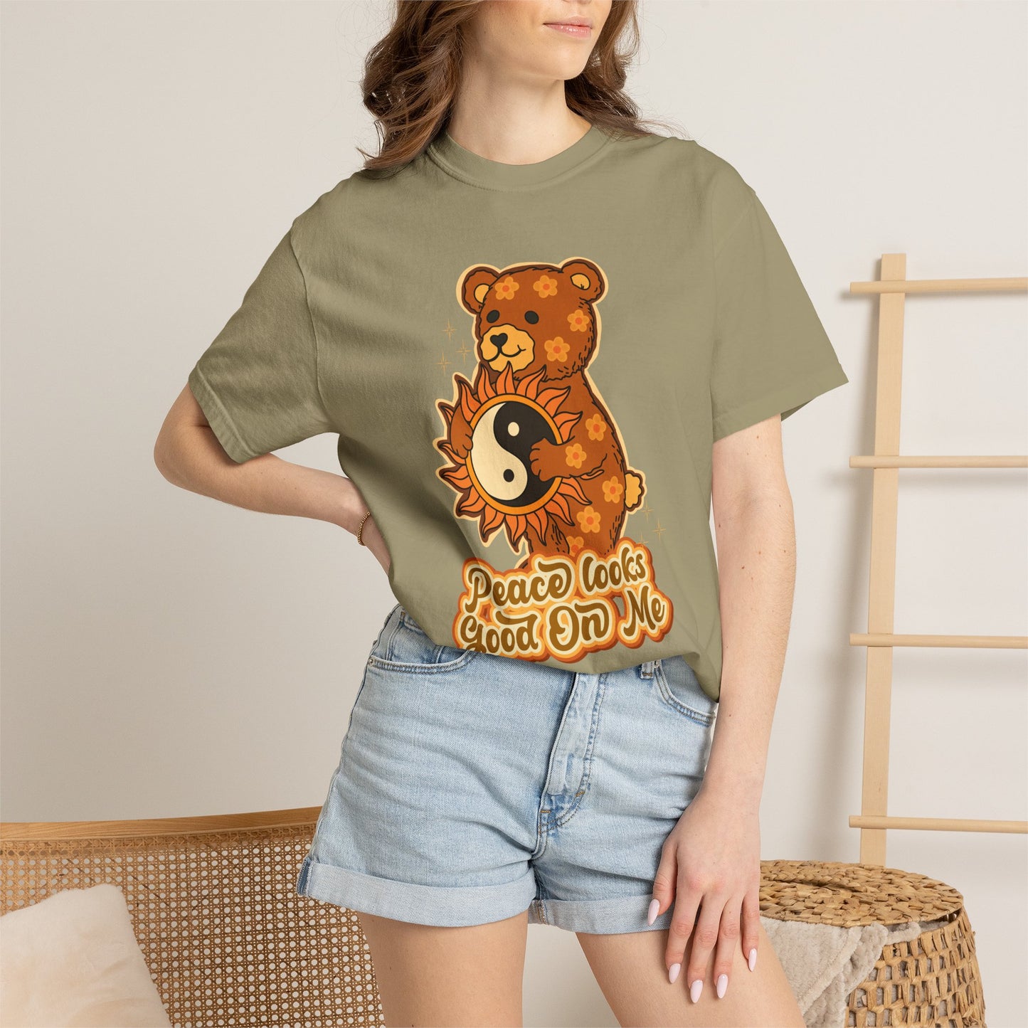 Peace Looks Good On Me T-Shirt — Retro Teddy Bear Yin Yang Tee