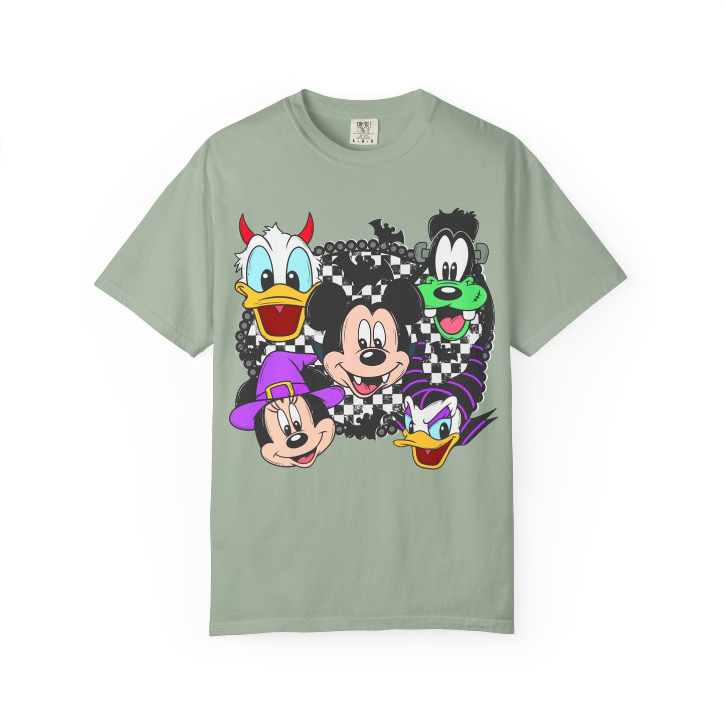 Retro Cartoon Character Faces Graphic T-Shirt — Checkerboard Halloween Vibe