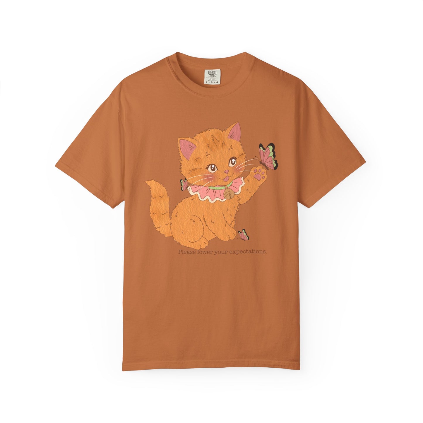 Cute Orange Kitten T-Shirt — 'Please lower your expectations' Graphic Tee