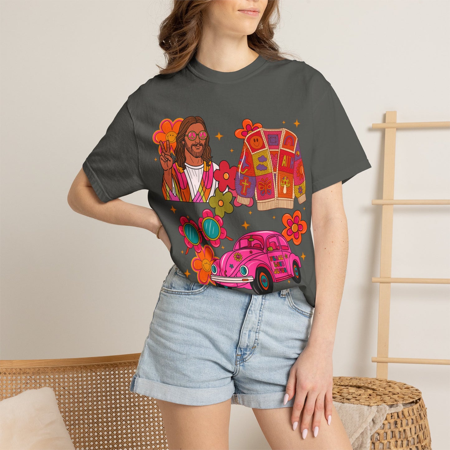 Retro Hippie Vibes T-Shirt — Groovy Pink Beetle, Flowers & Sunglasses