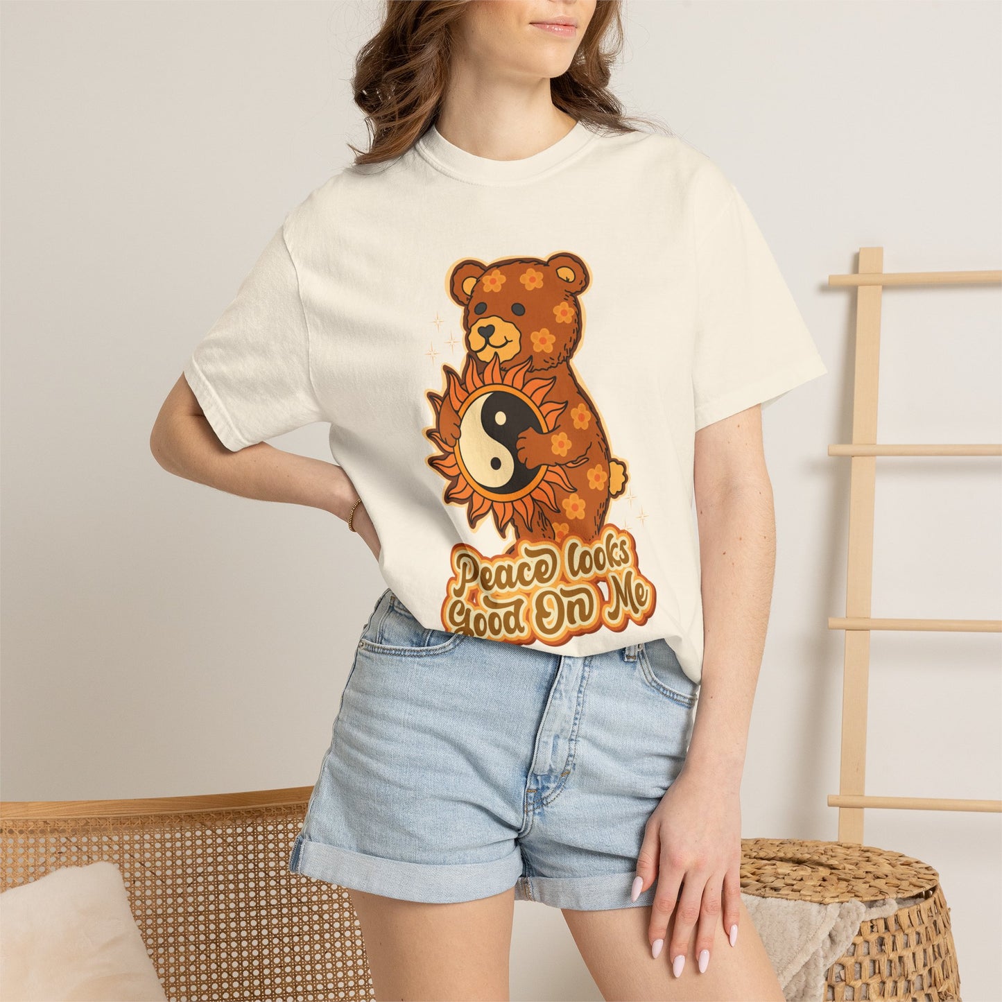 Peace Looks Good On Me T-Shirt — Retro Teddy Bear Yin Yang Tee