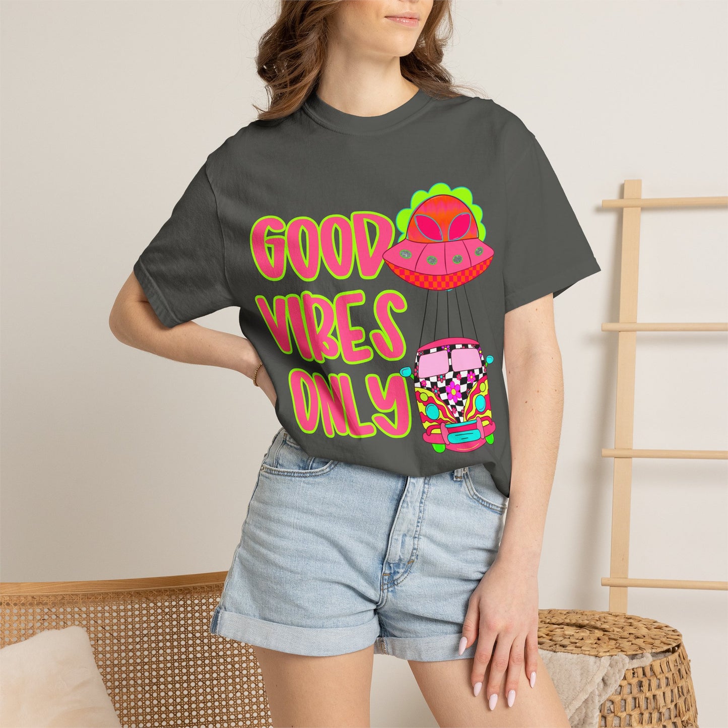 Good Vibes Only T-Shirt — Retro Psychedelic UFO Van Graphic Tee