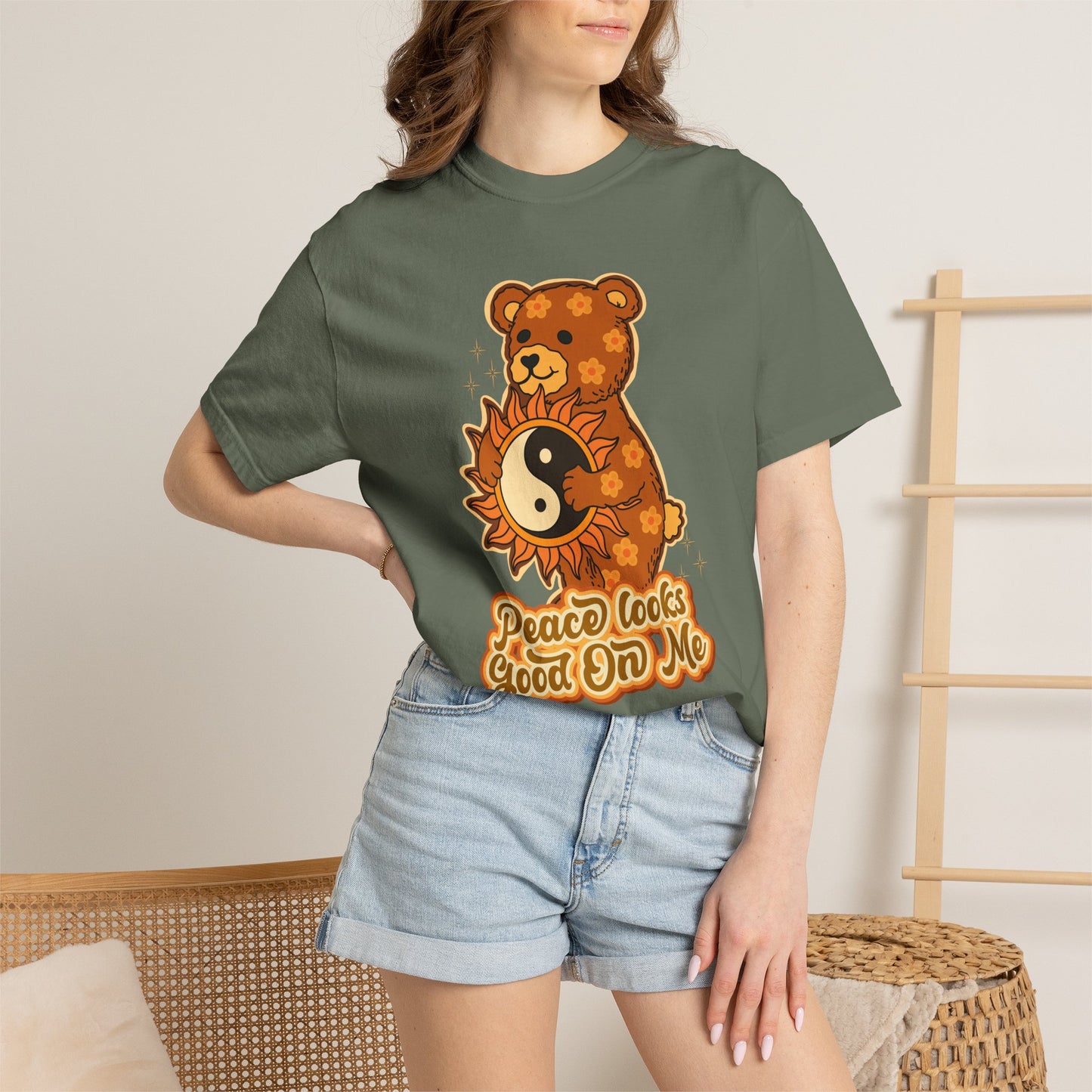 Peace Looks Good On Me T-Shirt — Retro Teddy Bear Yin Yang Tee