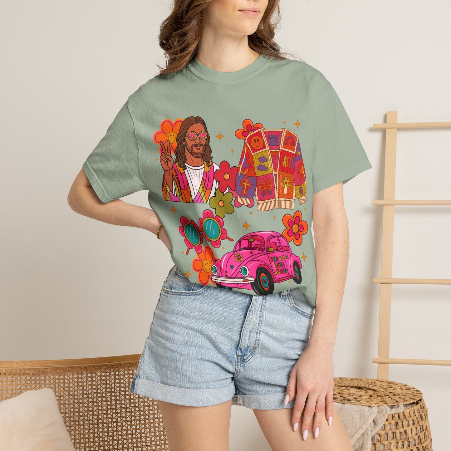 Retro Hippie Vibes T-Shirt — Groovy Pink Beetle, Flowers & Sunglasses
