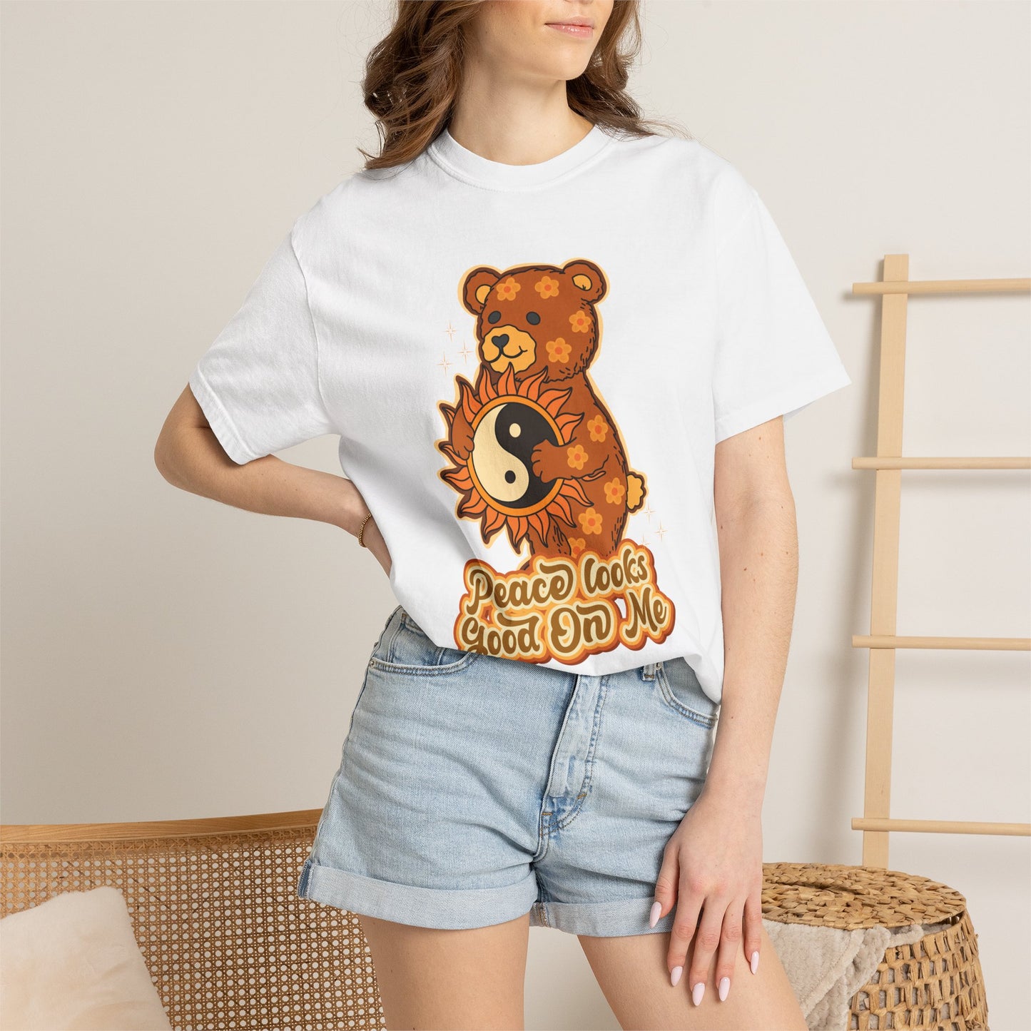 Peace Looks Good On Me T-Shirt — Retro Teddy Bear Yin Yang Tee