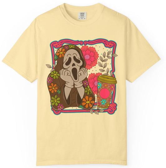 Screaming Floral Coffee T-Shirt — Retro Ghostface Graphic Tee
