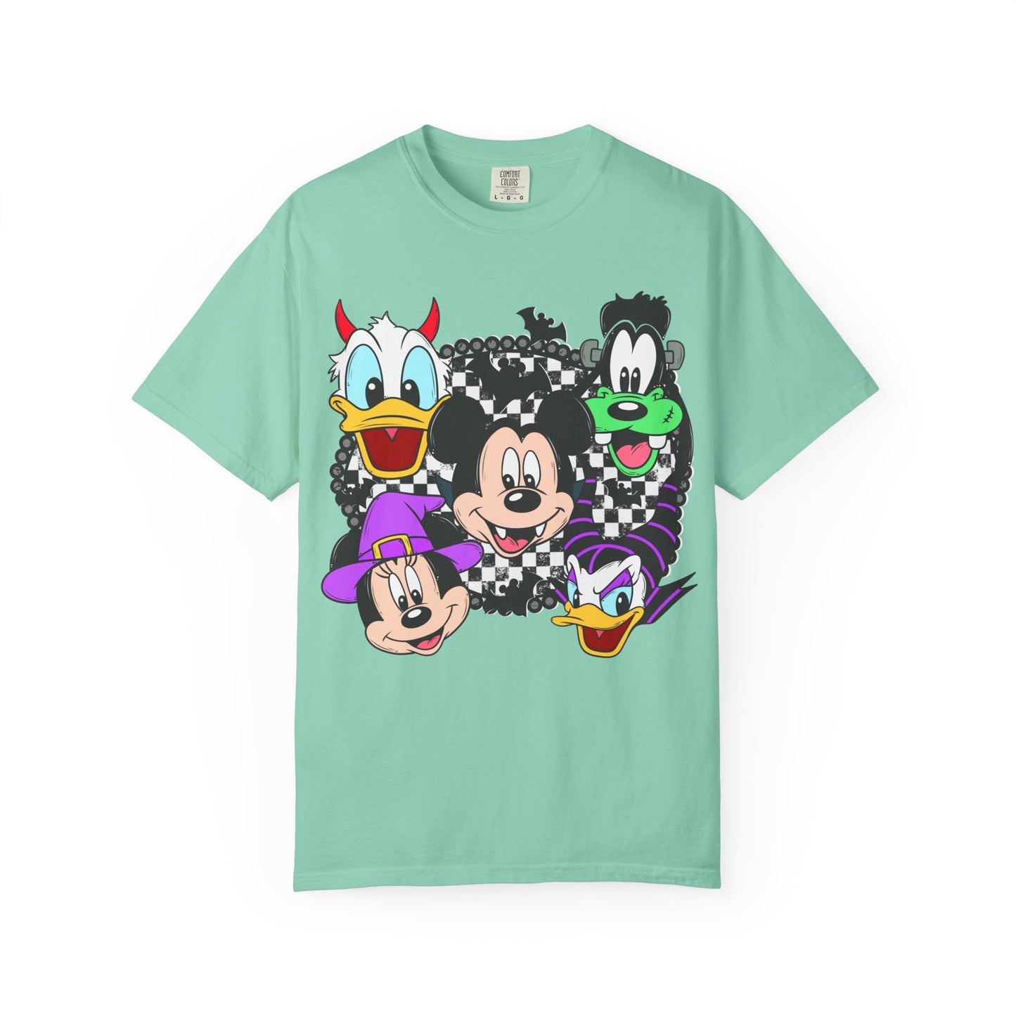 Retro Cartoon Character Faces Graphic T-Shirt — Checkerboard Halloween Vibe