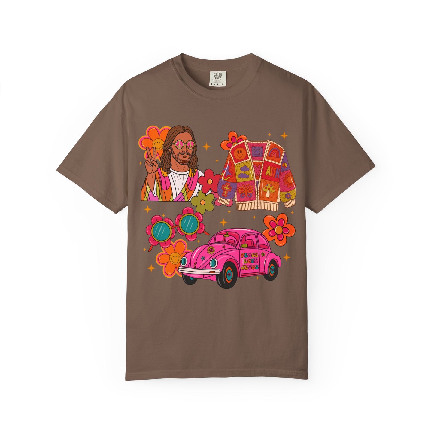 Retro Hippie Vibes T-Shirt — Groovy Pink Beetle, Flowers & Sunglasses
