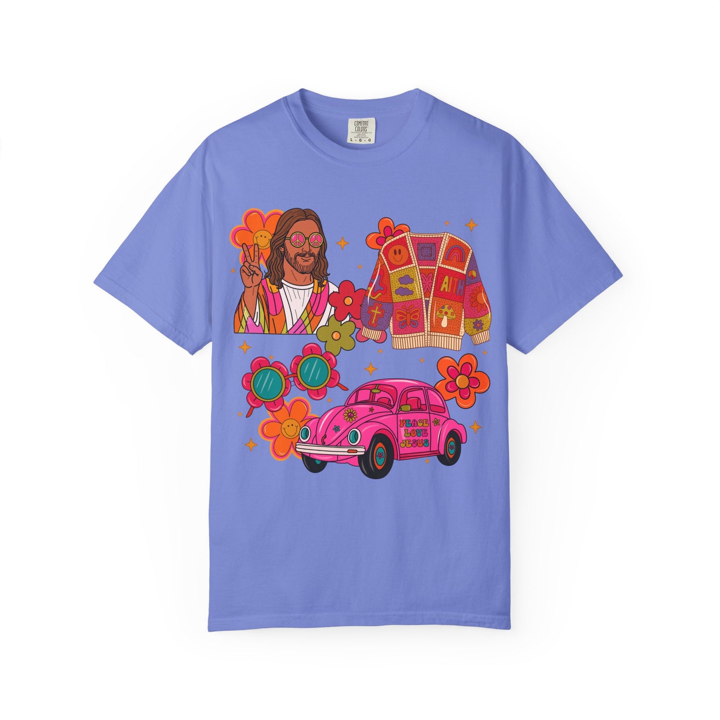 Retro Hippie Vibes T-Shirt — Groovy Pink Beetle, Flowers & Sunglasses