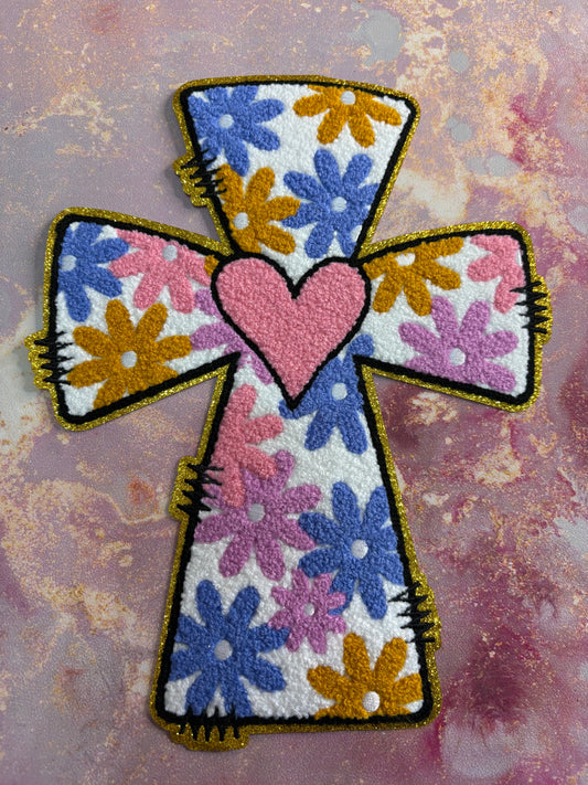 CHENILLE PATCHES CROSS WITH FLOWERS