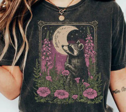 Boho Raccoon and The Moon #415 Available in Sublimation or Dtf Just Pick Your Shirt AVAILABLE TO PRINT