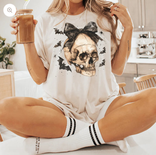 Skull With A Bow Halloween #152 Available in Sublimation and DTF Just Pick Your Shirt