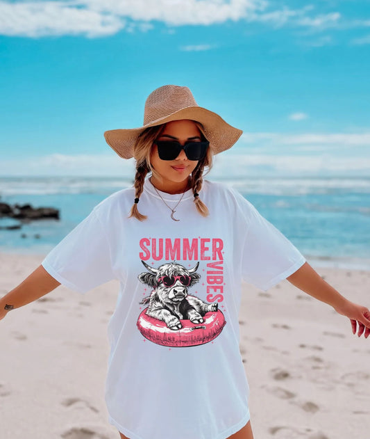 Summer Vibes Highland Cow GLITTER #121 Available in  Dtf Just Pick Your Shirt