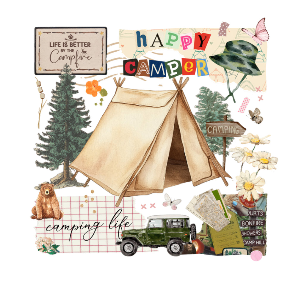 Happy Camping  #323  Available in Sublimation or DTF Just Pick Your Shirt AVAILABLE TO PRINT