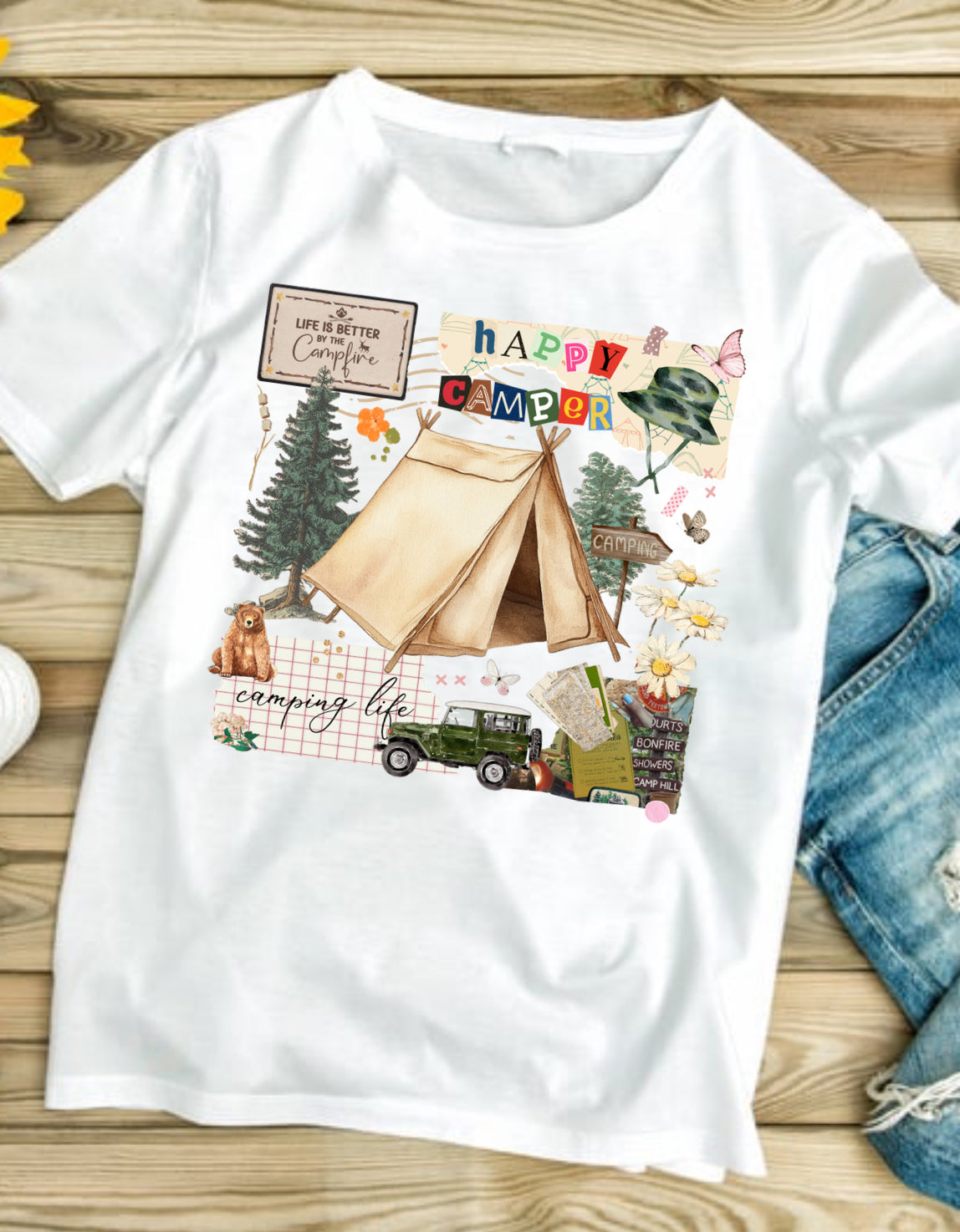 Happy Camping  #323  Available in Sublimation or DTF Just Pick Your Shirt AVAILABLE TO PRINT