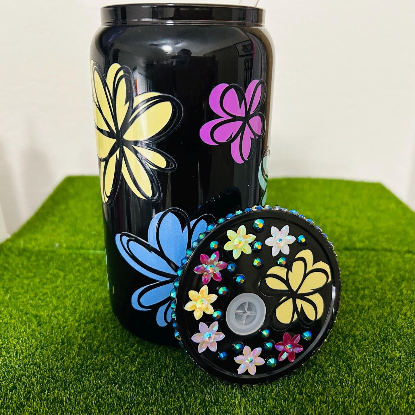 Flowers I Glass Tumbler With Straw And Decorated Lid ICute Cup Beer Can Iced Coffee Glass Cup With Lid And Straw I