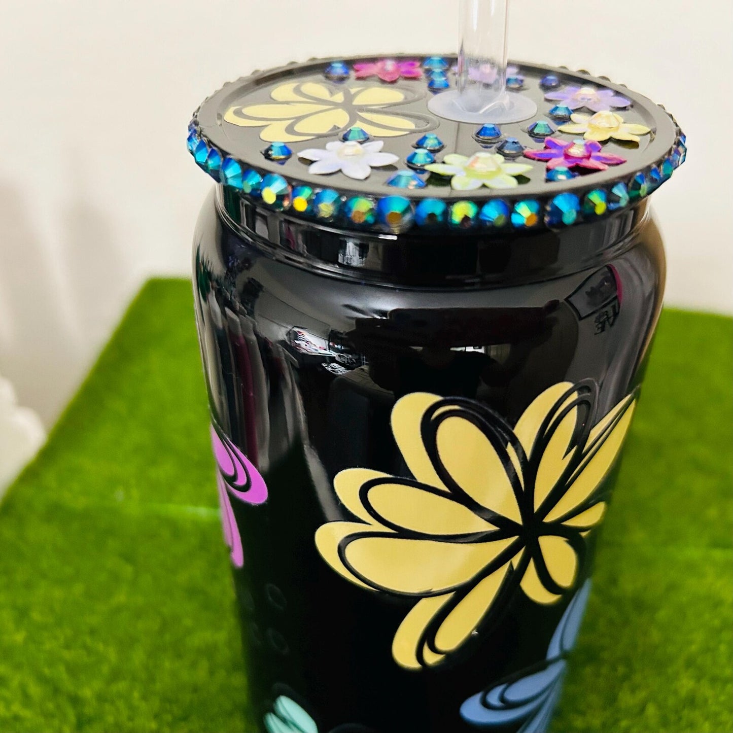 Flowers I Glass Tumbler With Straw And Decorated Lid ICute Cup Beer Can Iced Coffee Glass Cup With Lid And Straw I