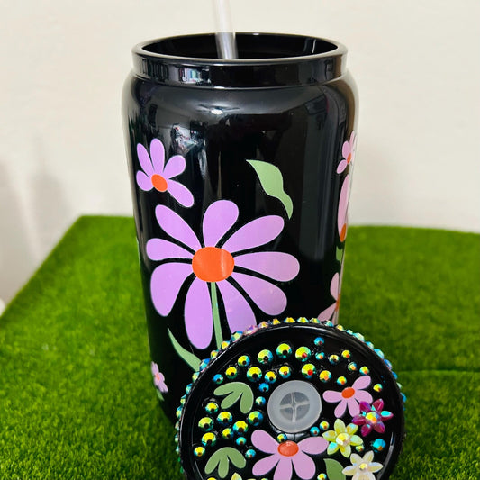 Flowers I Glass Tumbler With Straw And Decorated Lid ICute Cup Beer Can Iced Coffee Glass Cup With Lid And Straw I