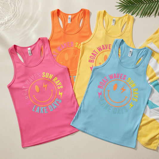 BOAT WAVES RUN RAYS LAKE DAYS GLITTER DISTRESSED PRINT #0593 (SMILEY)