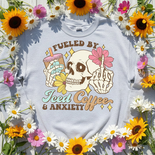FUELED BY ICED COFFEE & ANXIETY DISTRESSED PRINT # 0209 (COFFEE)