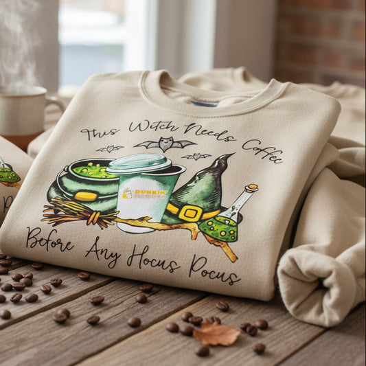 THIS WITCH NEEDS COFFEE BEFORE ANY HOCUS POCUS GLITTER PRINT #0668 (COFFEE)