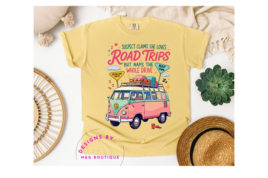 SUSPECT CLAIMS SHE LOVES ROAD TRIPS DTF OR SUBLIMATION PRINT #495